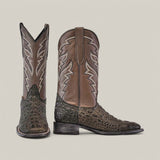 A pair of square-toe boots named Alligatoar Head Print Gray feature intricate brown leather embroidery on the shaft and dark green alligator-textured leather on the foot, complete with a sturdy heel, set against a plain, neutral background.