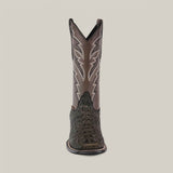 Front view of the Alligatoar Head Print Gray cowboy boot, featuring a green alligator head print on the foot and intricate stitching on the brown shaft. The boot has a tall silhouette with a square toe, set against a plain background.