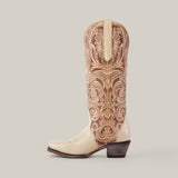 The Cavalier Laser Cream boot, with a tall shaft and snip toe, showcases intricate embroidery in tan.