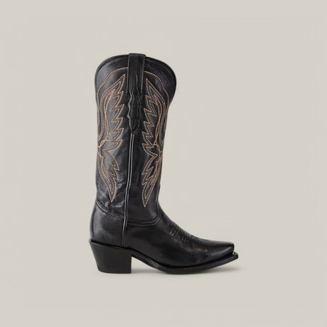 Miranda Clayton black leather boots with decorative shaft stitching, snip toe, and mid-height heel set against a plain light background.