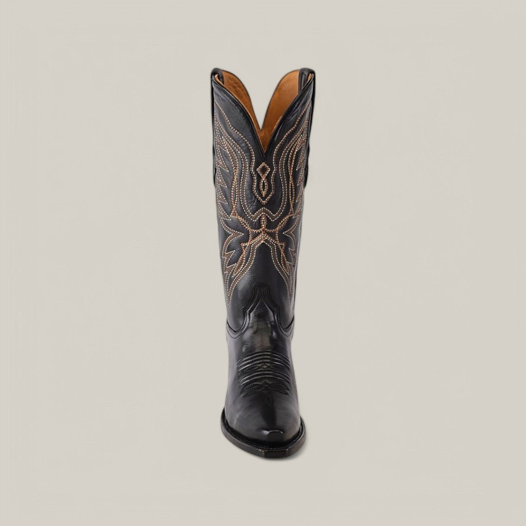 A single Miranda Clayton Black Leather Sole boot, featuring a snip toe and intricate white stitching on the shaft and foot, is displayed from the front against a plain gray background.