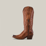 Side view of the Kellie Clayton Brown Leather Sole boot featuring Western elegance with detailed stitching, side zipper, snip toe, and angled heel against a neutral background.