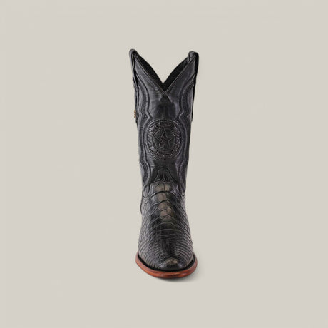 An Exotic American Alligator Belly - Black - Roper Toe cowboy boot, crafted from Black American Alligator Belly leather with intricate front patterns and a brown sole, is showcased against a neutral background.