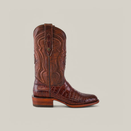 A single Exotic American Alligator Belly cowboy boot in brown with intricate stitching and textured pattern stands upright on a pale gray background, featuring a roper toe design, sturdy heel, and pull-on strap.