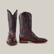 A pair of Exotic American Alligator Belly boots in Black Cherry features intricate stitching and a distinctive style. One boot stands upright, the other angled forward, showcasing brown soles, a polished finish, and a unique square toe design against a plain light background.