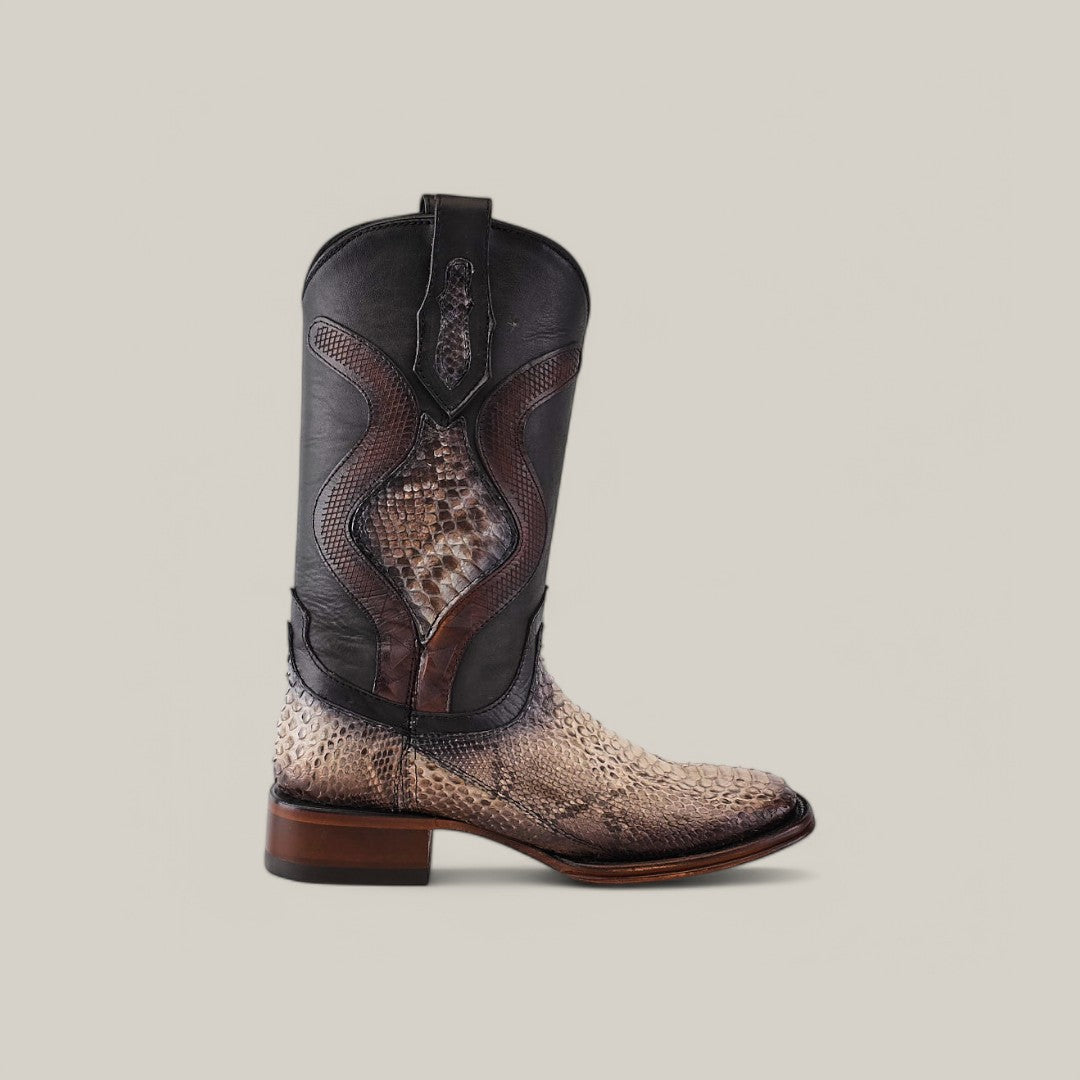 The Exotic Python - Diamond - Natural - Square Toe is a Western-style boot with a brown python leather-patterned foot and dark leather shaft, featuring a decorative design and sturdy heel.