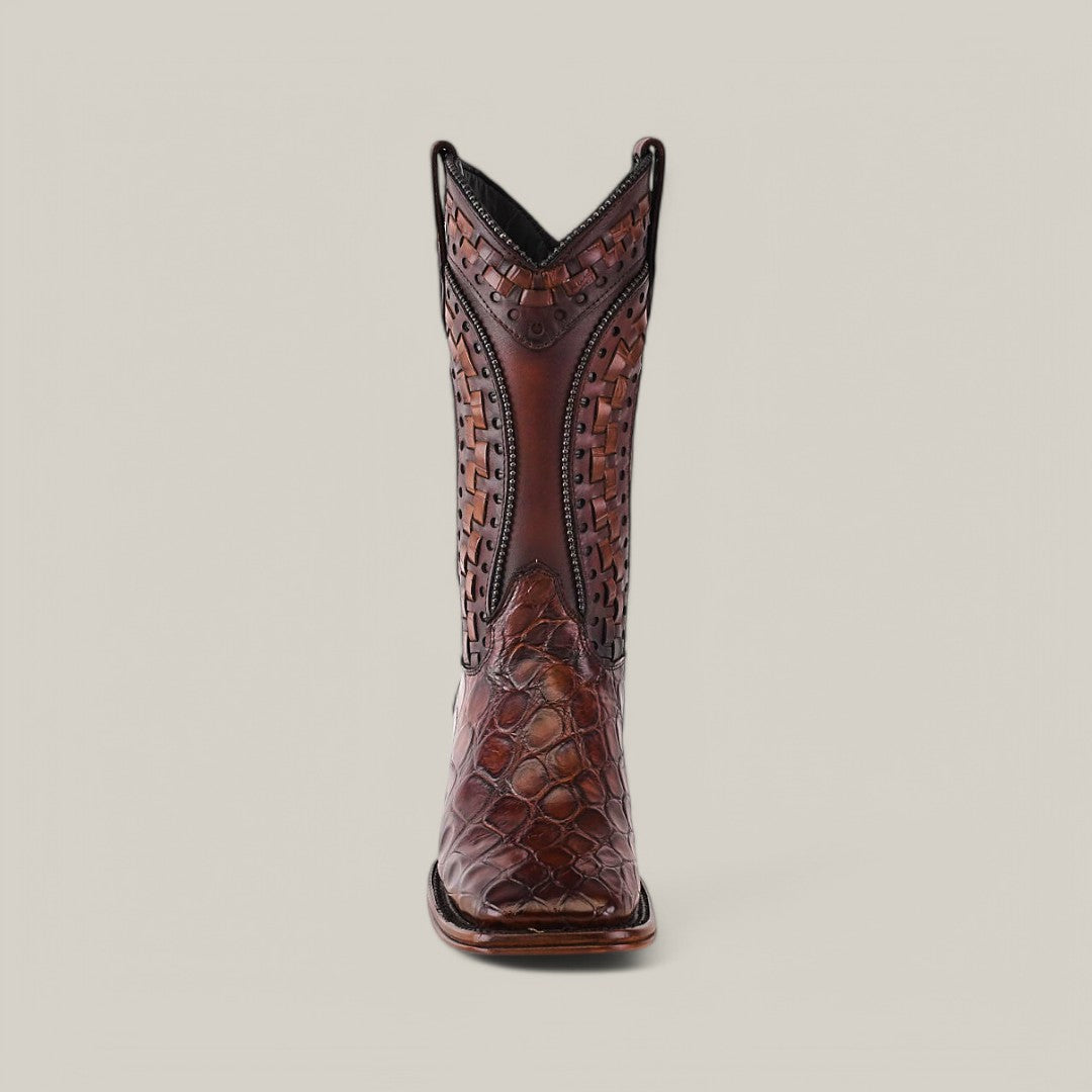 Front view of a single Exotic American Alligator - Herradura boot in taupe, featuring a square toe, intricate stitching, and textured leather. The high-shaft cowboy boot is set against a plain light gray background.