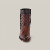 The Exotic American Alligator - Europe Fawn - Round Toe boot showcases premium brown alligator leather with diamond-shaped stitching and a slightly raised heel, all set against a light gray background for a refined style front view.