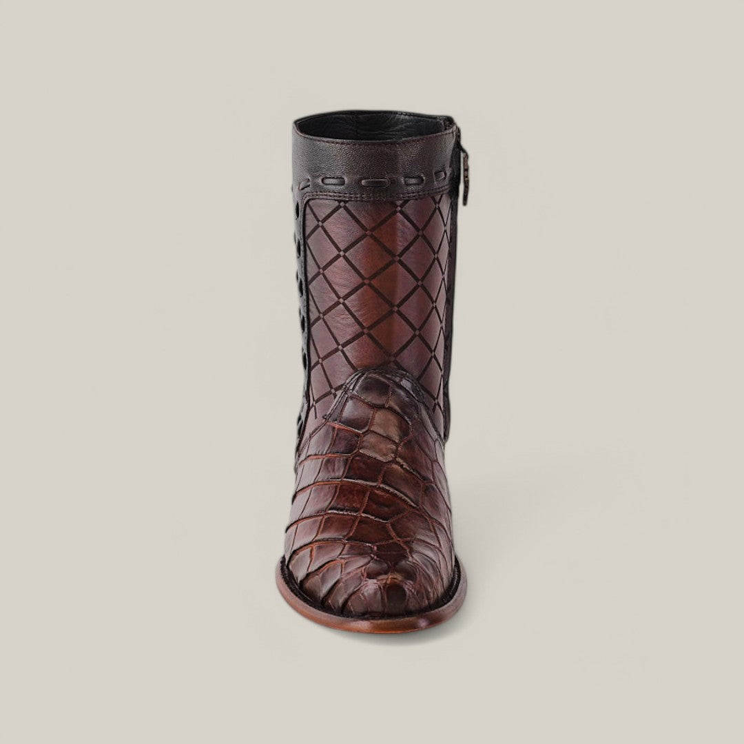 Front view of the Exotic American Alligator - Europe Brown - Round Toe boot, showcasing a handcrafted diamond woven pattern with black trim and a partial side zipper, centered on a beige background.