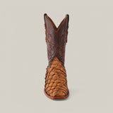 The Exotic Pirarucu Fish - Matte Orix - Narrow Square Toe features a front view of a textured cowboy boot design. The lower part is light brown with a scaly look from Pirarucu leather, while the upper is dark brown with intricate patterns against a plain light gray background.