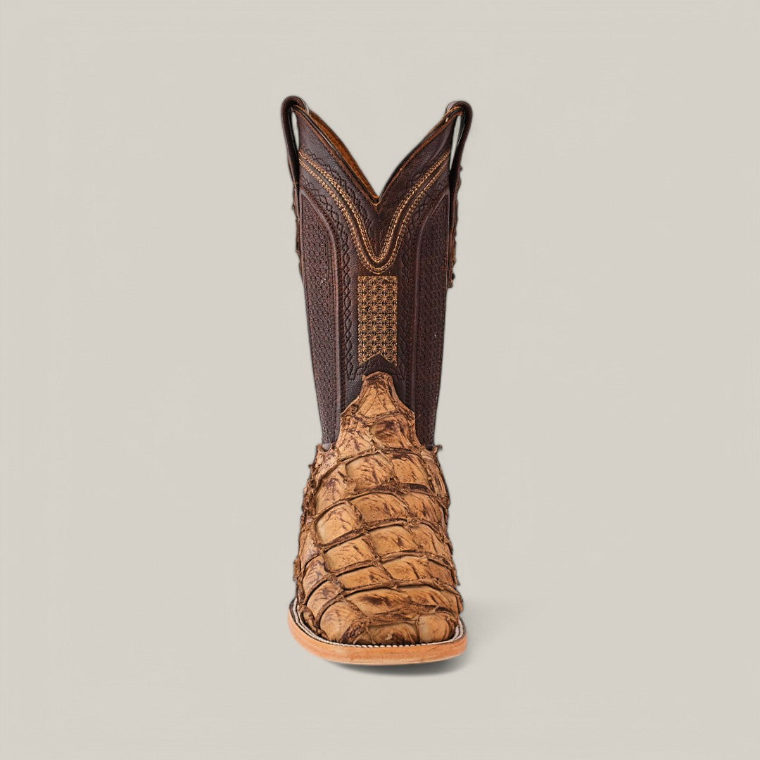 The Exotic Pirarucu Fish boot features a textured leather vamp like the Amazonian Pirarucu, detailed shaft stitching, a beige classic Western style, and a Matte Orix finish.