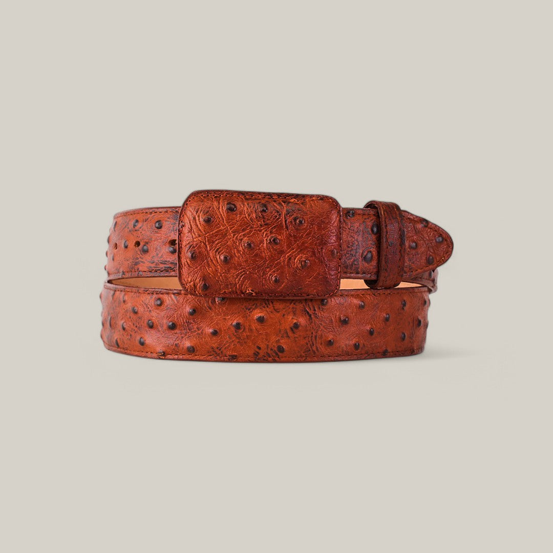 The Ostrich Print Cogñac Belt - Cowboy Buckle is coiled neatly against a plain background, showcasing its textured design and matching rectangular buckle for a sophisticated look.