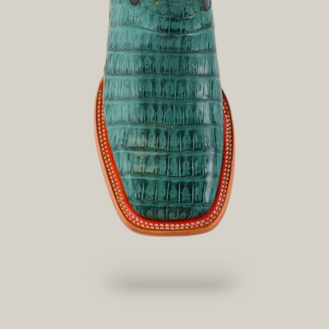 KAMAKAZY LOYALTY 508 デニム セルビッチ 緑ステッチ カモ柄 Exotic Caiman Belly Tail - Green - Square Toe – Gomez Western Wear