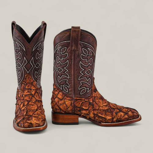 Exotic Patchwork  Pirarucu Fish - Matte Brown - Square Toe