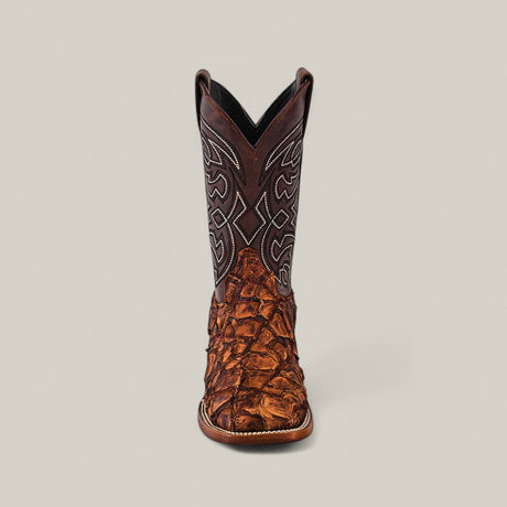 The Exotic Patchwork Pirarucu Fish - Matte Brown - Square Toe boot features brown leather with a textured patchwork pattern on the foot and decorative stitching on the tall shaft, shown against a plain light background.