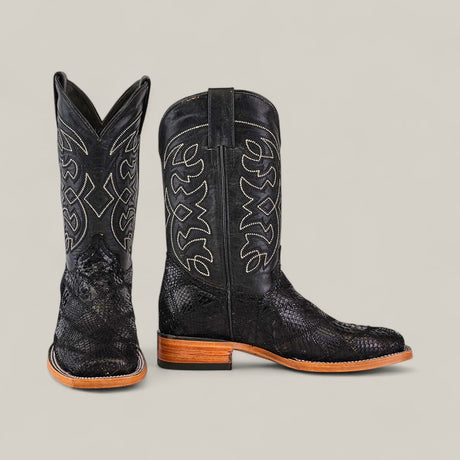 Step up your style with the Exotic Patchwork Python - Black - Square Toe boots, crafted in textured leather with striking white stitching and wooden soles—ideal for elevating any luxury wardrobe.