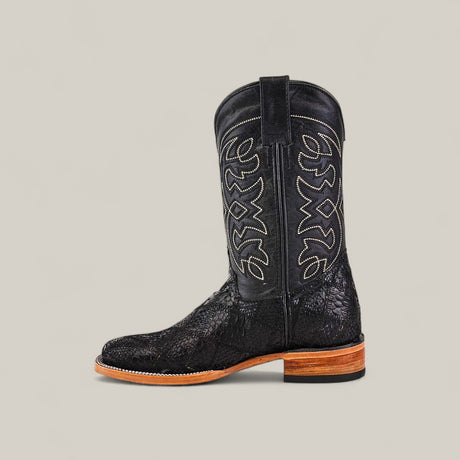 The Exotic Patchwork Python - Black - Square Toe boasts fashion-forward black python with intricate white stitching, textured leather, tan welt, and stacked wooden heel—capturing bold luxury against a light gray background.
