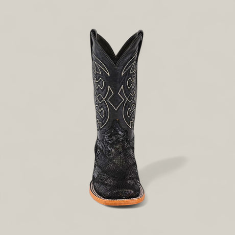 The Exotic Patchwork Python - Black - Square Toe boot features decorative stitching and a square toe, shown front-facing against a plain light gray background.