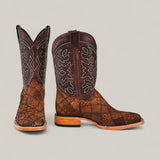 The Exotic Patchwork Python - Tamarindo - Square Toe boots feature decorative stitching on tall, dark shafts and textured, premium python skin on the lower portion, showcased against a plain light background.