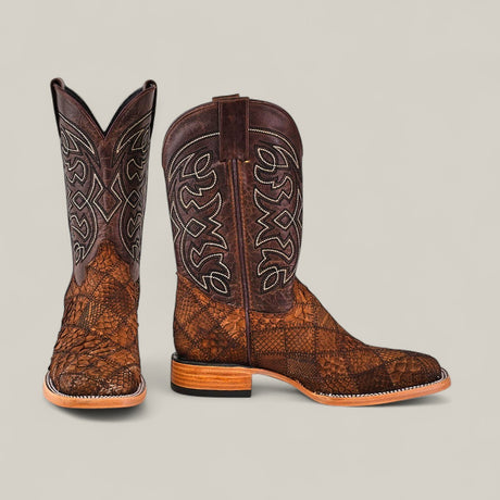 The Exotic Patchwork Python - Tamarindo - Square Toe boots feature decorative stitching on tall, dark shafts and textured, premium python skin on the lower portion, showcased against a plain light background.