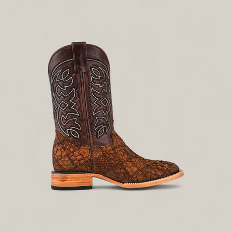 The Exotic Patchwork Python - Tamarindo - Square Toe boot features premium brown python skin on the lower, a square toe, dark brown shaft with light stitching, pull strap, and a tan wooden sole. Shown on a plain light gray background.