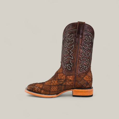 The Exotic Patchwork Python - Tamarindo - Square Toe boot features a brown leather shaft with detailed stitching and a patterned premium python skin lower, seen in side profile on a plain light background.