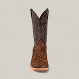 The Exotic Patchwork Python - Tamarindo Square Toe boot features a brown textured leather foot, stylish square toe, intricate shaft stitching, and a light tan sole—crafted for a bold western look inspired by python patchwork.