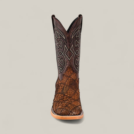 The Exotic Patchwork Python - Tamarindo Square Toe boot features a brown textured leather foot, stylish square toe, intricate shaft stitching, and a light tan sole—crafted for a bold western look inspired by python patchwork.
