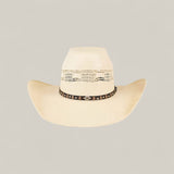 The 50x Brazil Straw Hat is light beige with a wide brim, vented crown, and a black geometric-patterned band—ideal for summer style and sun protection—shown on a plain light background.