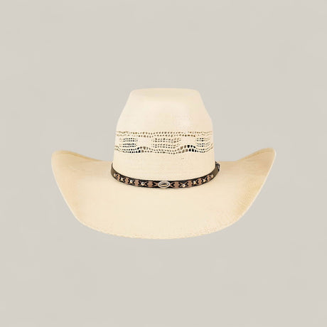 The 50x Brazil Straw Hat is light beige with a wide brim, vented crown, and a black geometric-patterned band—ideal for summer style and sun protection—shown on a plain light background.