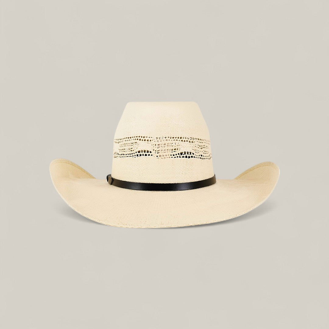 The 50x Brazil Straw Hat is a light beige, wide-brimmed summer hat with ventilation holes around the crown and a black band, shown against a plain light background for stylish sun protection.