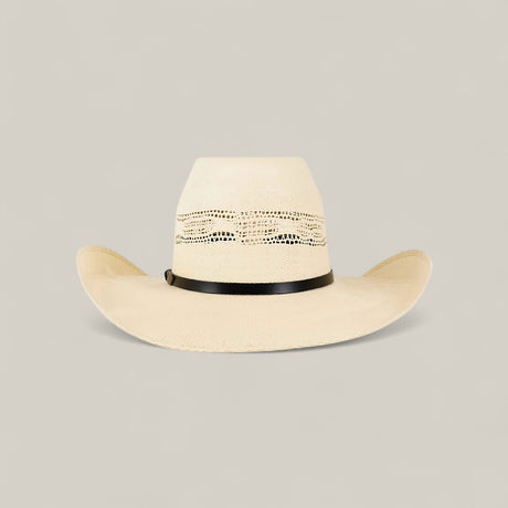 The 50x Brazil Straw Hat is a light beige, wide-brimmed summer hat with ventilation holes around the crown and a black band, shown against a plain light background for stylish sun protection.