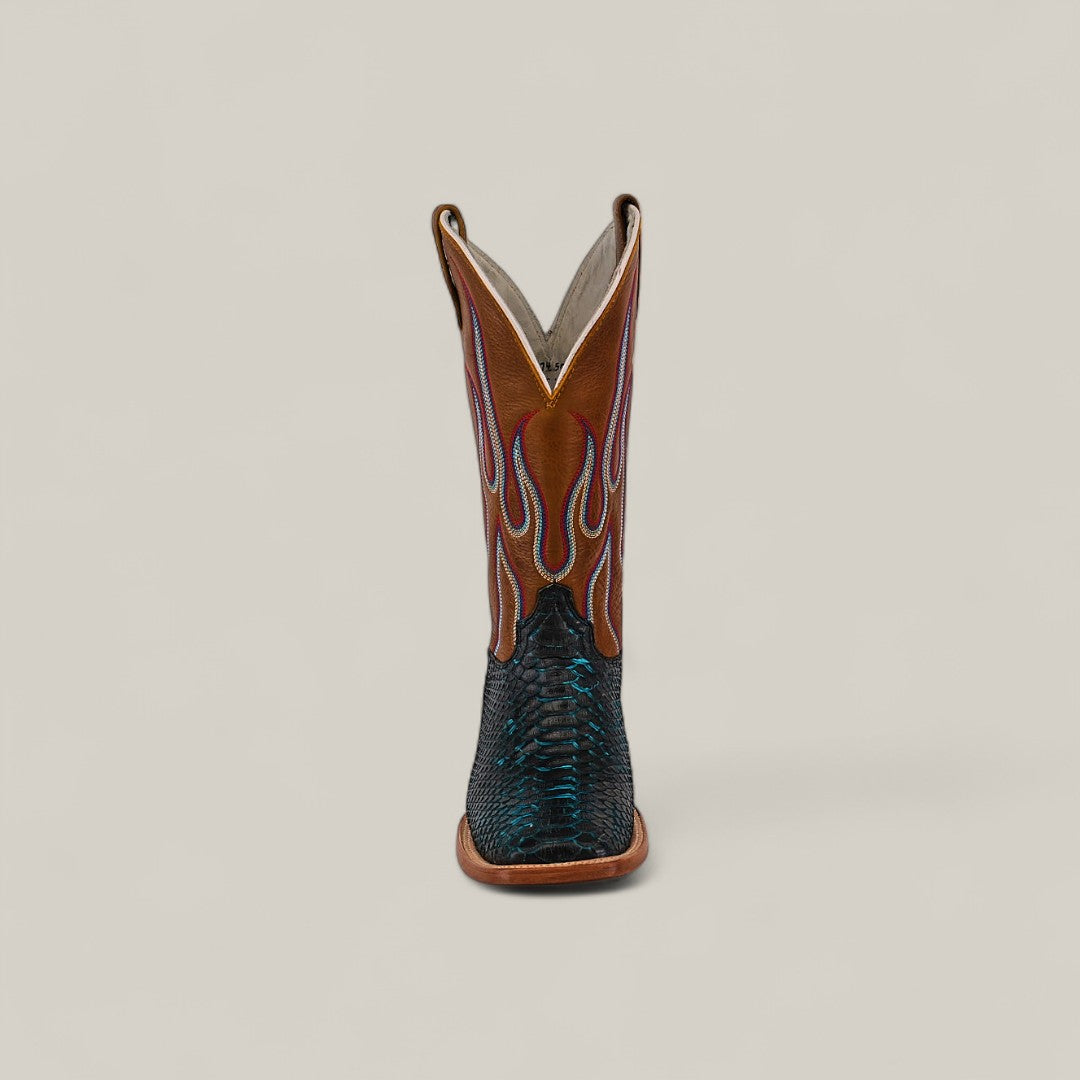 Front view of the Exotic Python - Dark Blue - Square Toe Boot from the Platinum Collection, featuring a brown upper with red and blue flame stitching and a textured dark blue python foot, set against a plain light background.