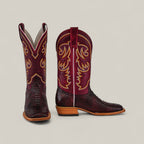 A pair of Exotic Python - Blackcherry - Square Toe cowboy boots with square toes and stylish details, displayed against a plain light background.