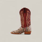 The Exotic Python - Natural - Square Toe features a snakeskin-patterned foot, tan wooden heel, and high maroon leather shaft with yellow and red stitching. Displayed on a light background. Part of the Platinum Collection.