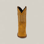A single Orion Yellow - Square Toe kids boot with decorative stitching, shown from the front against a plain light background.