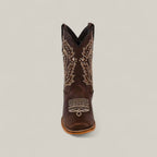 A single Britany Brown - Square Toe - Kids Boot featuring white and tan stitching with decorative patterns on the shaft and toe, displayed upright against a light background to highlight its quality craftsmanship.
