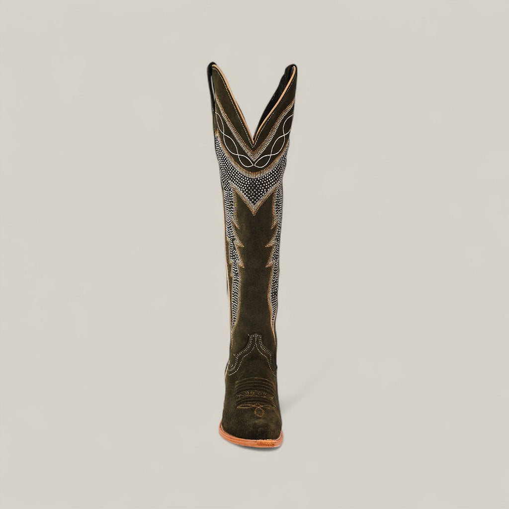 A single Della Olive Green tall shaft snip toe boot with decorative stitching stands upright, viewed directly from the front, against a plain light background.