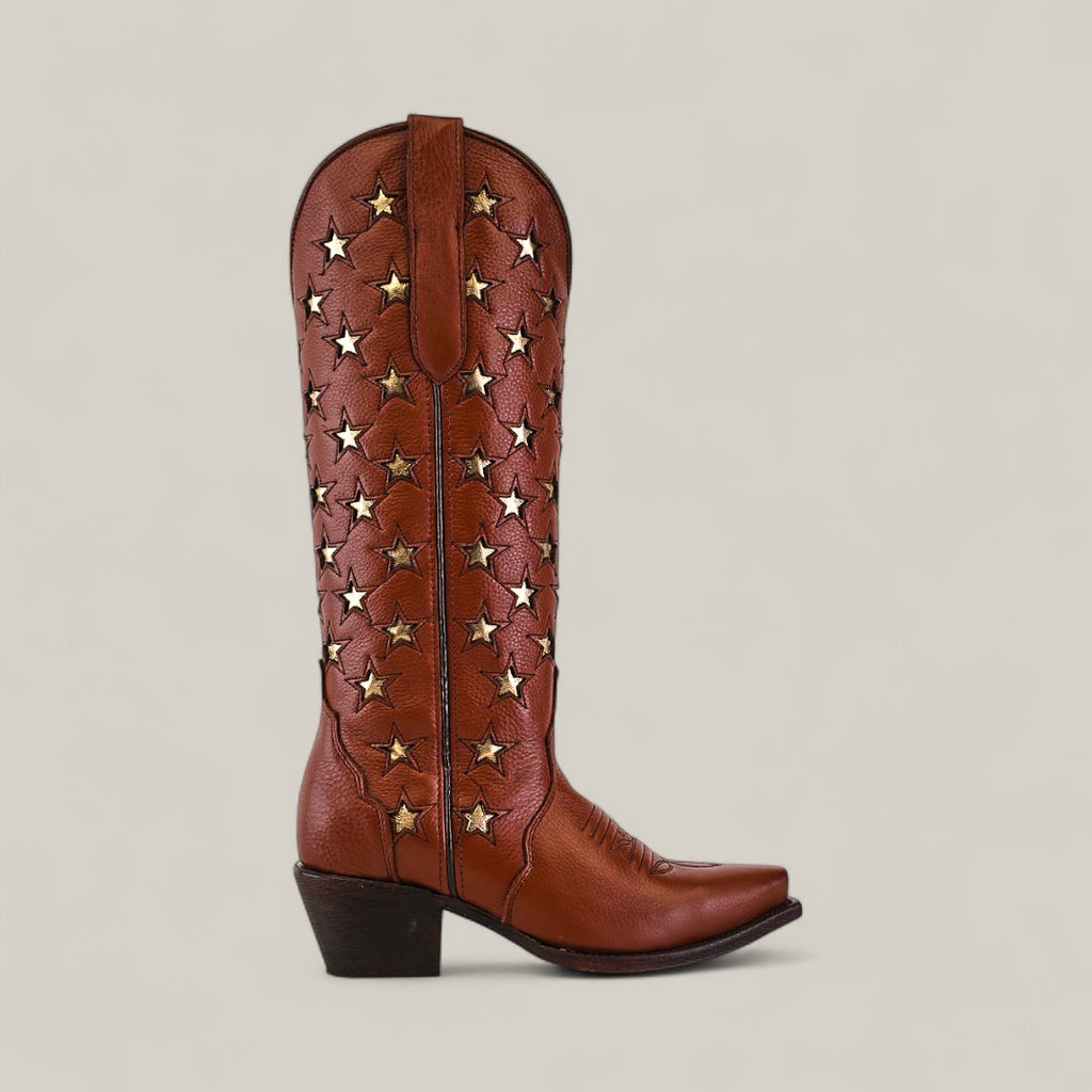 The Marjorie Star Brown - Tall Shaft - Snip Toe women’s cowboy boot features metallic gold star cutouts, a pointed snip toe, and mid-height black heel, shown singly on a plain light background.