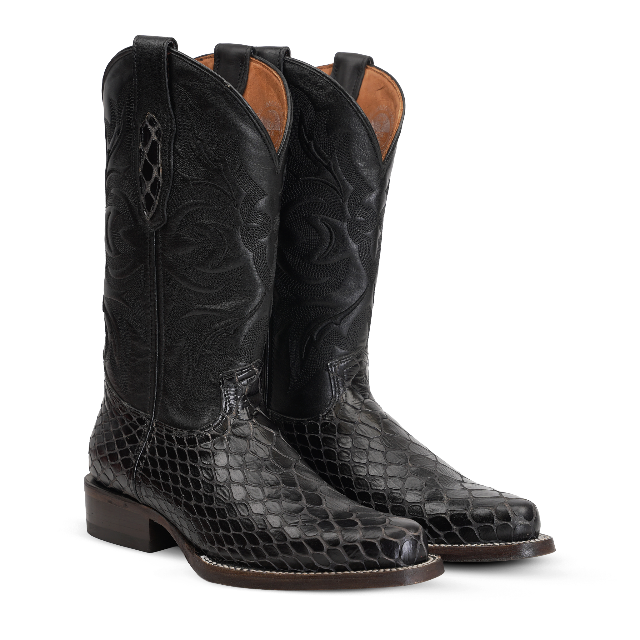 Snake Black Cowboy Boots - Embossed Leather - Roper Toe (E952) - Gomez Western Wear 7 US