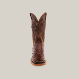 The Exotic Full Quilt Ostrich - Brown - Square Toe boot stands upright against a plain background, featuring intricate stitching on deep brown ostrich leather with a textured finish, a square toe, and a high shaft with decorative detailing.