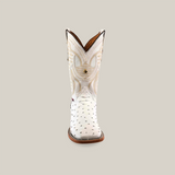 The Exotic Full Quilt Ostrich Cowboy Boot in white, with intricate stitching and dark brown trim, stands elegantly displayed from the front against a plain light grey background.