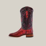 A single Exotic Python - Ruby - Square Toe cowboy boot, crafted from ruby-toned python leather, features intricate stitching and detailed patterns. The design is complemented by a wooden heel, perfectly blending elegance with Western flair against a plain off-white background.