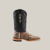 The Exotic Python - Natural features a square toe and textured python leather on the foot, paired with a dark leather shaft featuring decorative stitching, wooden heel, and light sole, perfect for Western fashion.