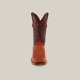 Front view of the Exotic Caiman Horn Back - Brandy - Square Toe boot, showcasing its intricate patterns and textured Caiman leather. Set against a beige background, it features detailed stitching on a darker upper section, epitomizing luxury and craftsmanship.