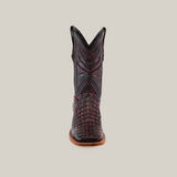 Front view of the Exotic Caiman Horn Back boot in Black Cherry, crafted from premium caiman leather with intricate patterns and a dark maroon hue, featuring a square toe and distinctive stitching, set against a plain light beige background.