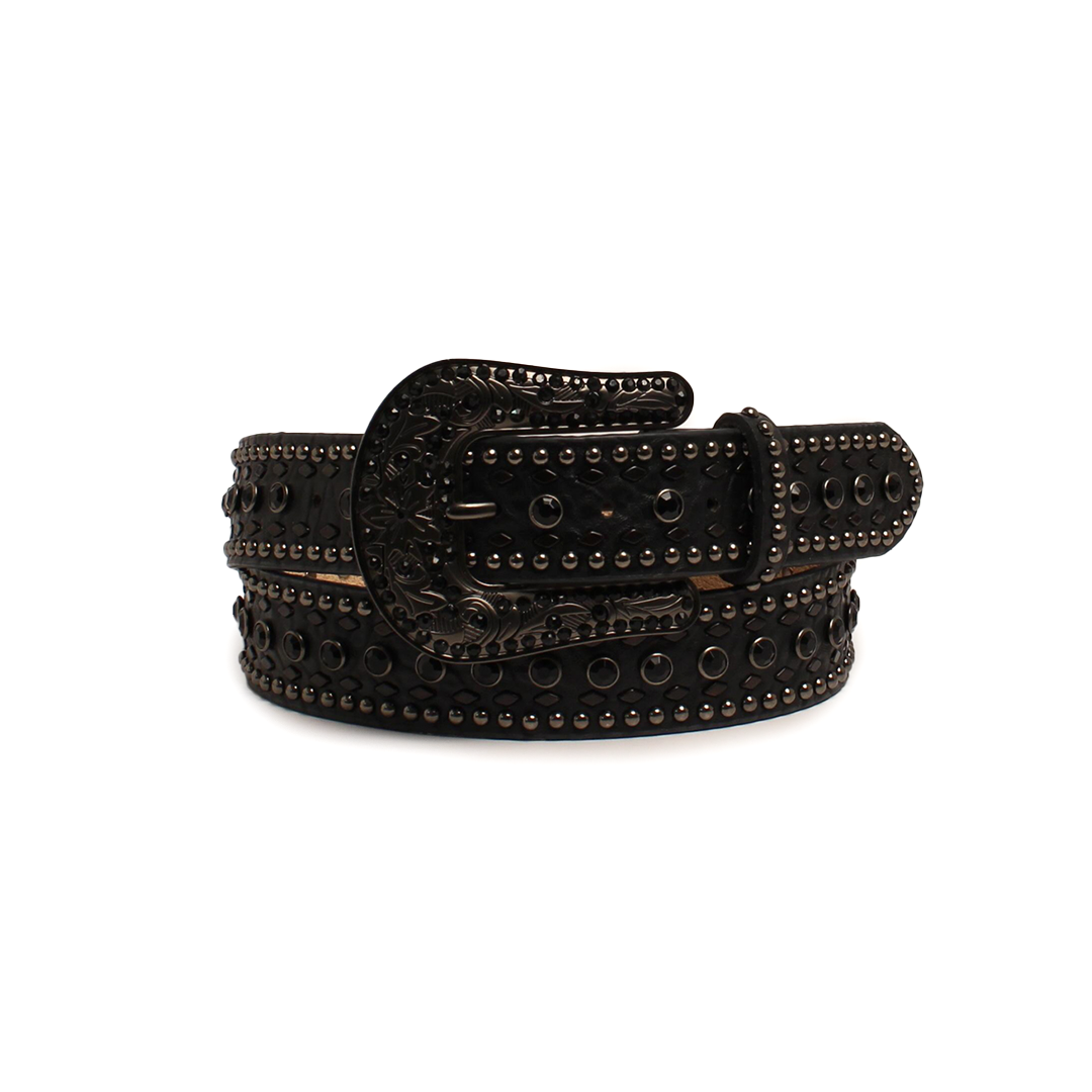 The N.1 1/2BKrhnstnNH BK belt, crafted from black leather and adorned with metallic studs and circular ornaments, exudes western elegance. It features an ornate engraved metal buckle and is displayed rolled up against a plain white background.