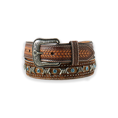 The Ariat Mens Brown Barbed Wire and Calf Hair Western Belt - A1027202 showcases rugged elegance with its detailed silver buckle, intricate woven pattern, and decorative light blue studs against a white background, nodding to Western heritage.