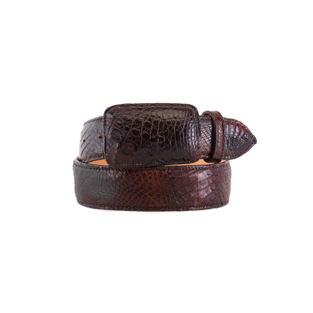 The Exotic Full Quilt Caiman - Brown Belt, with its crocodile texture and glossy finish, has a neatly coiled design resembling genuine caiman skin. It features a rectangular buckle and pointed end, beautifully showcasing the detailed pattern.