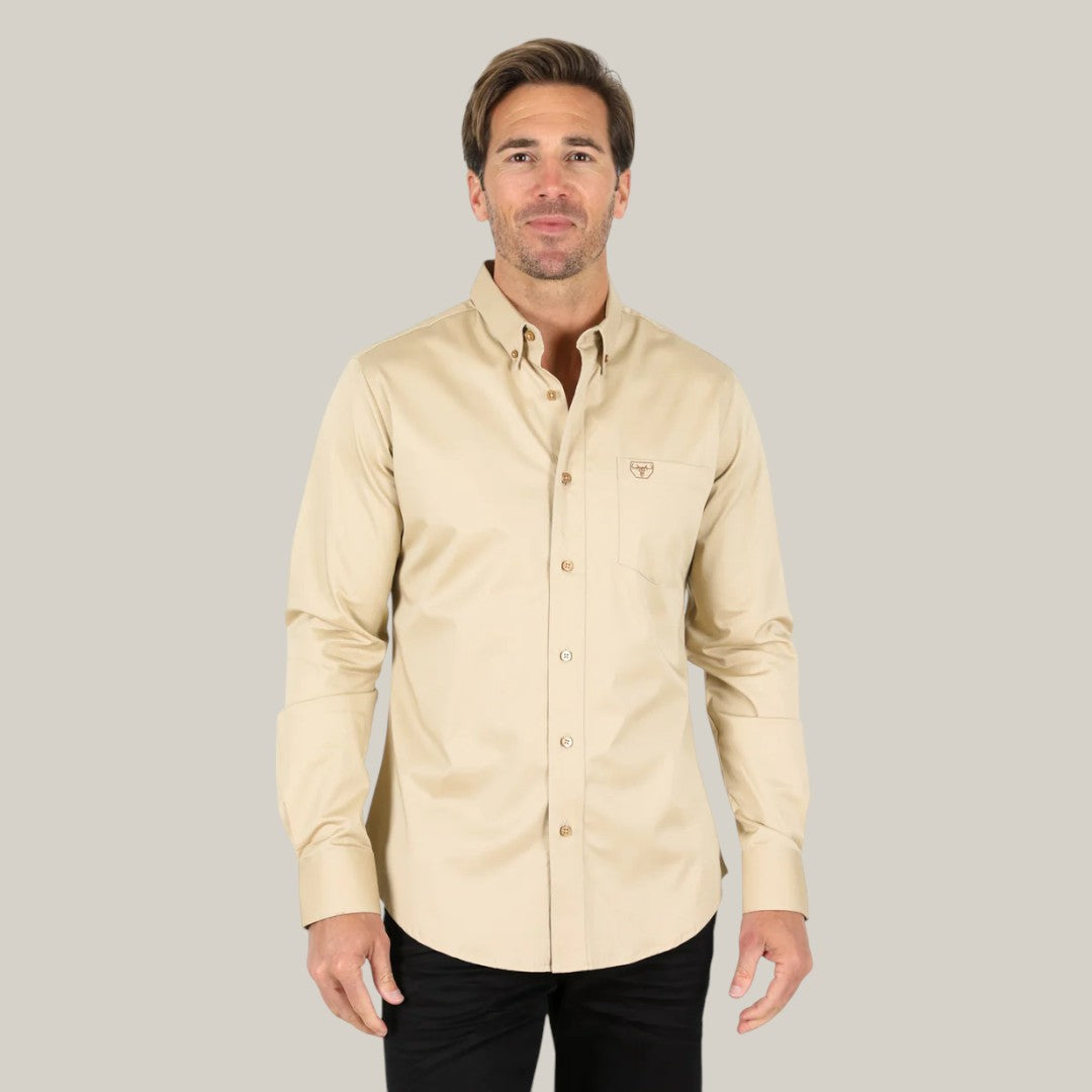 Men's Single Pocket Logo Modern Fit Stretch Dress Shirt - Beige - CTL9 Gomez Western Wear Men's Single Pocket Logo Modern Fit Stretch Dress Shirt - Beige - CTL9 Gomez Western Wear